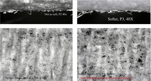 Figure 6. Small Difference Evaluation 1: Here we see in the view of zed direction fiber a slight improvement in the softer sheet. Although the crepe count is almost the same in both sheets, the right picture shows a difference in structure relating to coarseness and better drape.