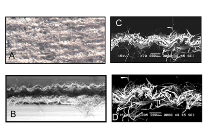 Figure 1. A through D In this graphic are presentation and advertising photographs of good creped products used by our company for years. What do we see that makes them good? Can we quantify or at least compare these with other similar products, but of differing quality and see differences? A&B are very soft facial tissue. C and D are dry crepe towel and ATMOS structured tissue towel.