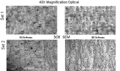 Figure 5A. Set 1, Low magnification optical microscope pictures of the sheet surfaces. Set 2 almost identical magnification with SEM shots of the same surfaces. 85 softness shows finer crepe and more amplitude to the crepe.
