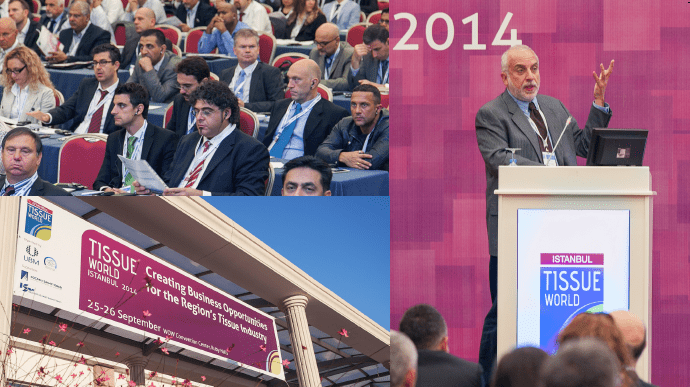 Clockwise from left: the conference crowd with tissue professionals from countries including Turkey, Germany, UAE, the Middle East, Italy; Professor Soli Özel address the crowd; the inaugural Tissue World Istanbul.
