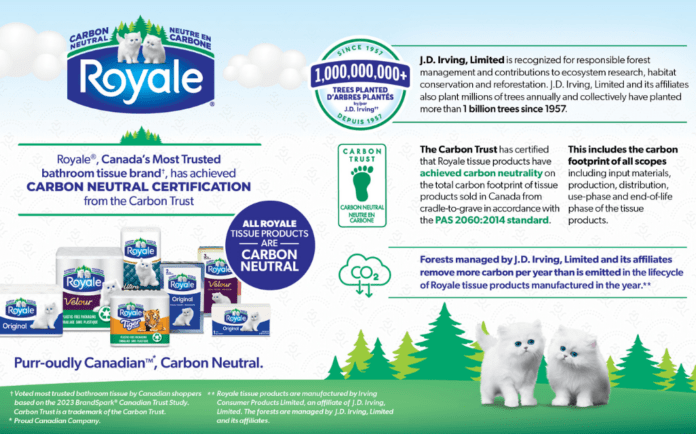 The Carbon Trust has certified that Irving’s Royale tissue products are carbon neutral