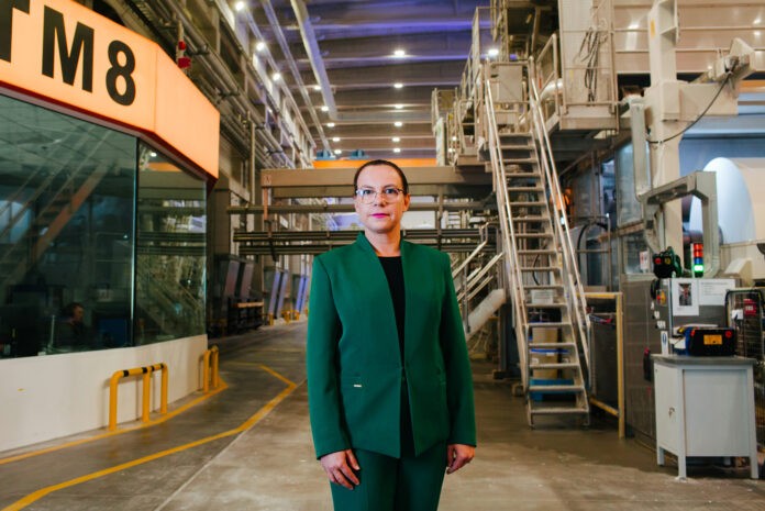 Velvet-CARE-Production-and-Technical-Director-Wanda-Cieselczuk-stands-near-Tissue-Machine-No.-8-in-Klucze-Poland Wanda Ciesielczuk, Vice President, Production & Technical Director.