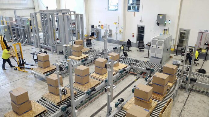 DJI_0002-edit Infinity’s pallet conveyor systems: they include modular units such as pallet dispensing units, pallet squaring units, and rotating transfer conveyors