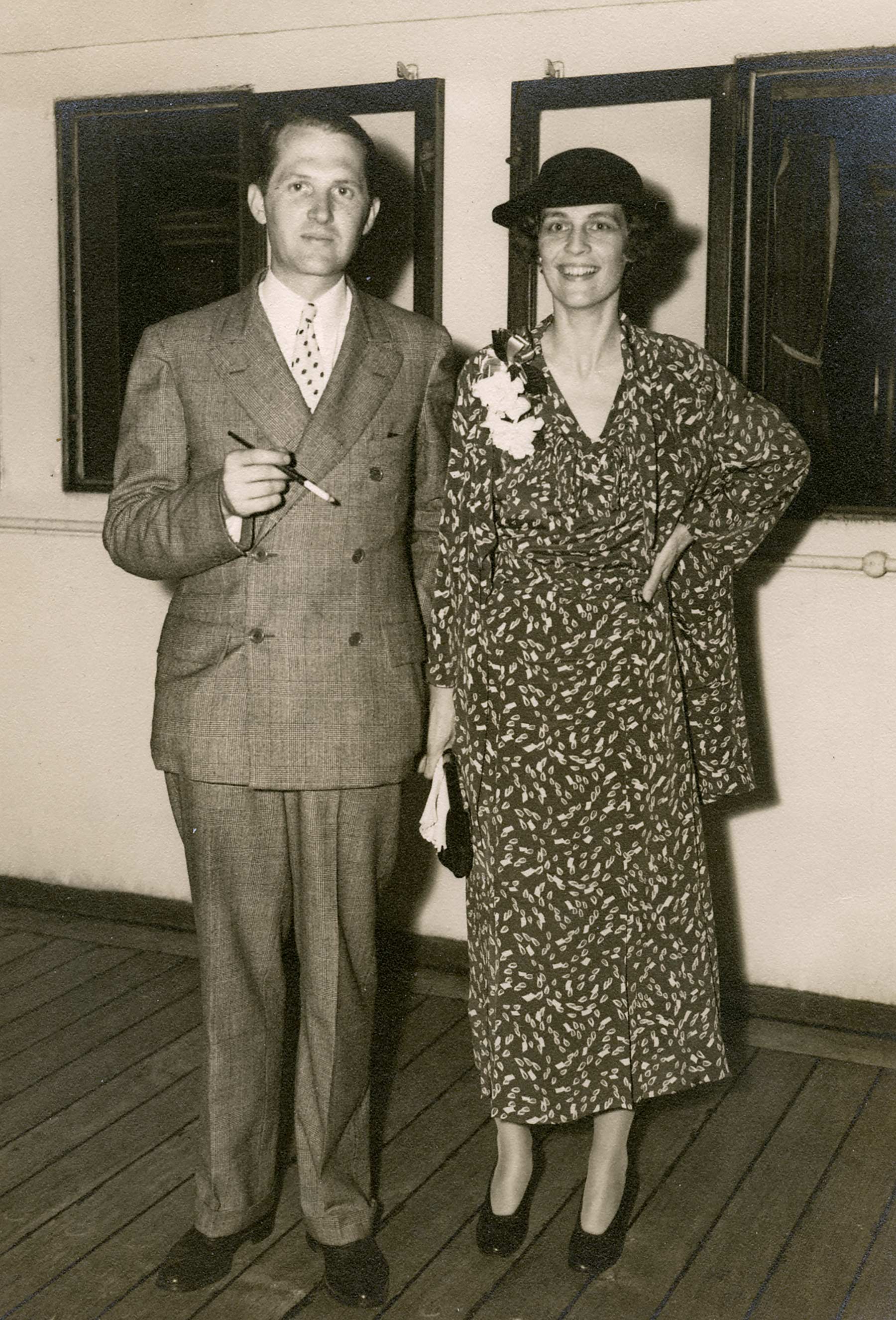 Scenes from Walter Haynes’ hotel odyssey: playing his banjo in a Paris salon in 1925, and right, with his wife Robina on an ocean voyage in a.1935