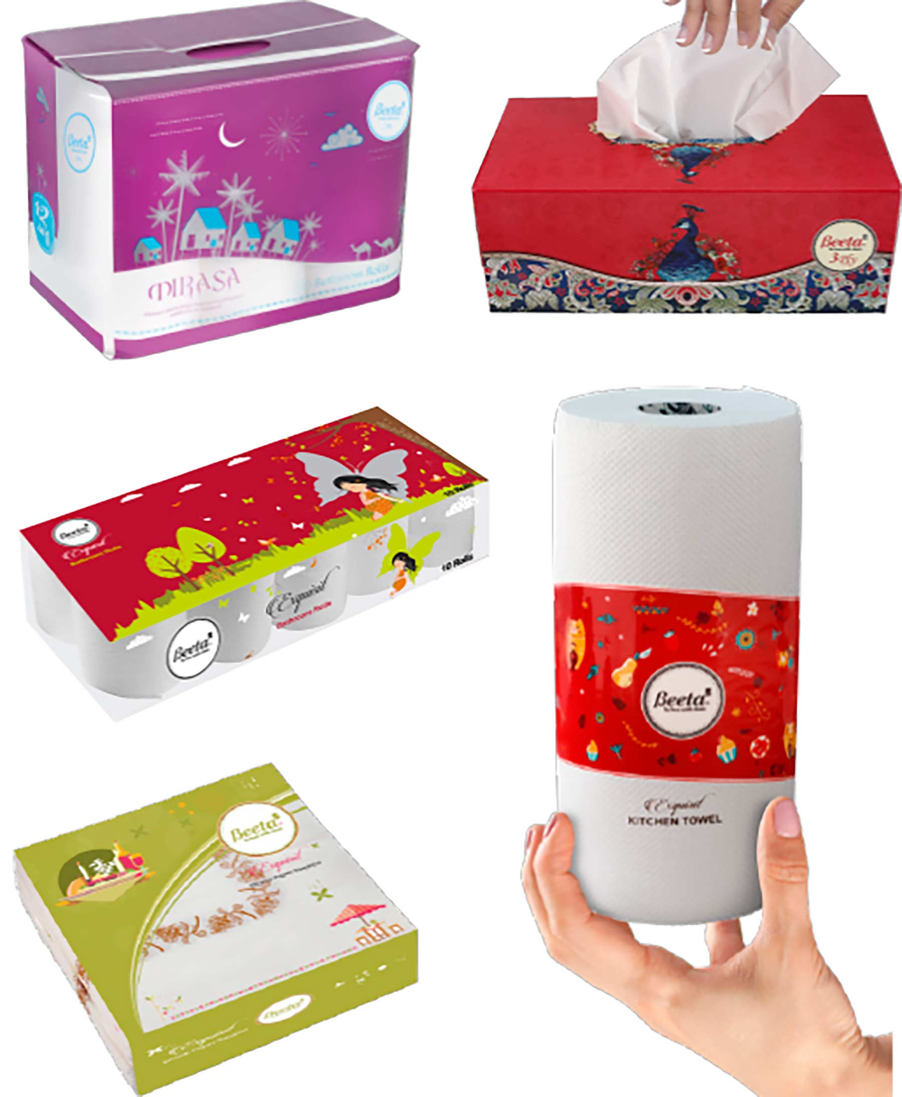 Examples of Beeta Tissue’s products include exotic kitchen towel to packaged tissue: the company has always prided itself on its innovative products