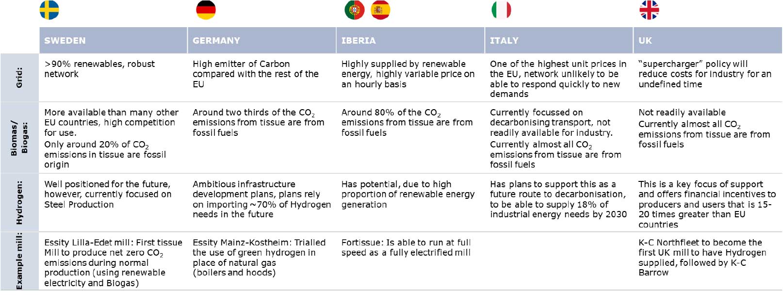 Figure 7: Table to compare decarbonisation options in selected European countries.