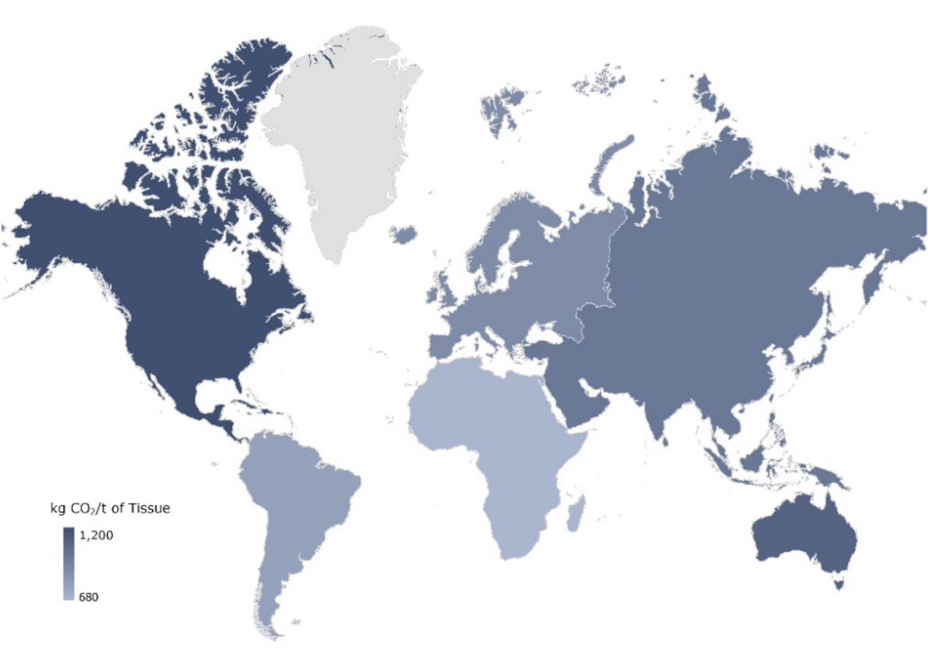 Figure 3: Map shows fossil CO2 emissions per tonne of tissue produced as an average, by continent. At this very high level, we can see that North America is the highest overall emitter of Fossil CO2 per tonne of tissue produced. This is driven by higher overall energy requirements of processes here (e.g. the prevalence of Through Air Dried (TAD) tissue, which uses around a third more energy overall than a Dry Creped Tissue (DCT) machine – however, up to 40% less fibres) and the fossil carbon intensity of heat and power generation in the US.